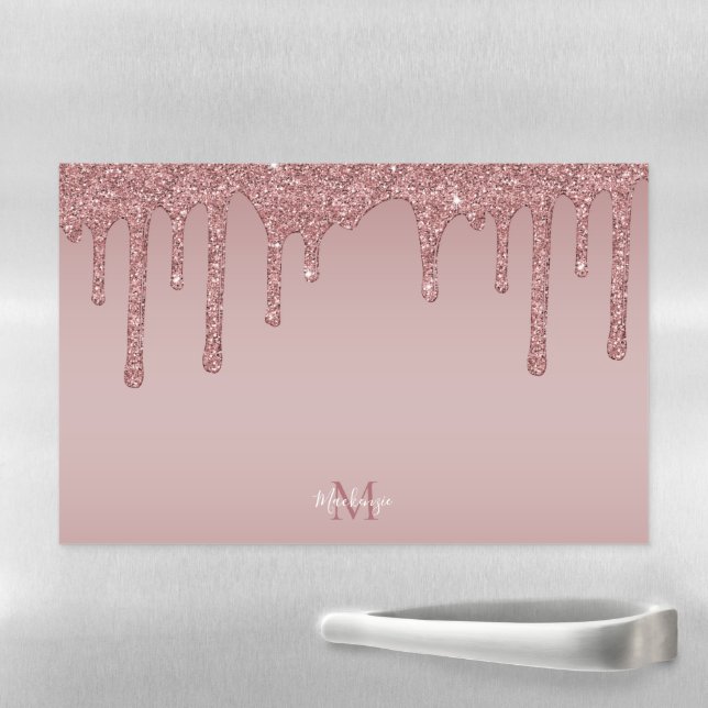 Rose Gold Dripping Glitter Sparkle Monogram Magnetic Dry Erase Sheet (In Situ)