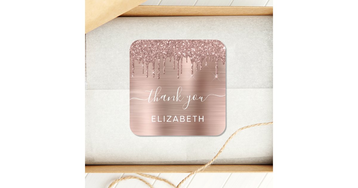 Rose Gold Dripping Glitter Thank You Square Sticker | Zazzle