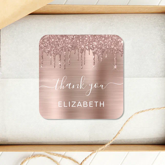 Rose Gold Dripping Glitter Thank You Square Sticker | Zazzle