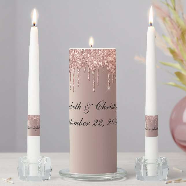 Rose Gold Dripping Glitter Trendy Modern  Wedding Unity Candle Set (In Situ)