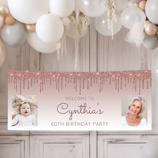 Rose Gold Dripping Glitter Two Photo 60th Birthday Banner (Creator Uploaded)