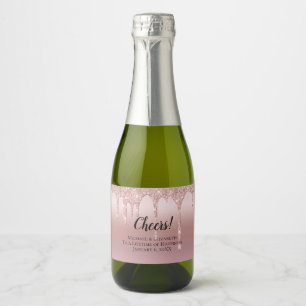 Rose Gold Dripping Glitter Wedding Mini Sparkling Wine Label