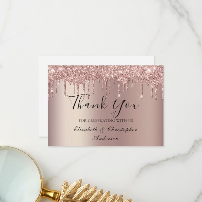 Rose Gold Dripping Glitter Wedding Thank You Card (Front/Back In Situ)