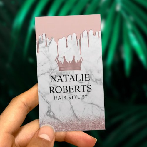 Rose Gold Dripping Hair Queen Salon White Marble Business Card