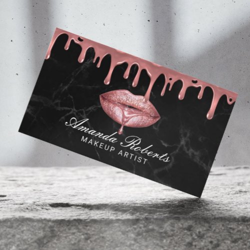 Rose Gold Dripping Lips Black Marble Makeup Artist Business Card