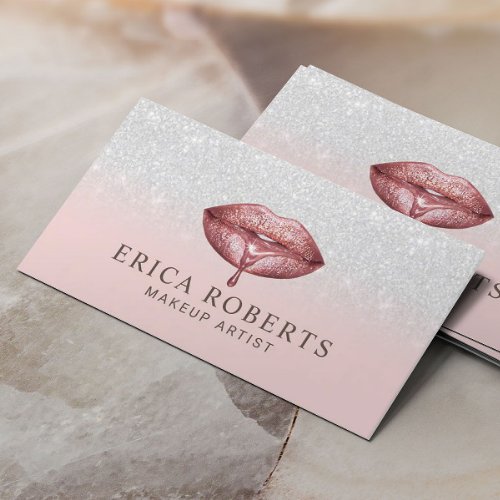 Rose Gold Dripping Lips Blush Pink Makeup Artist Business Card