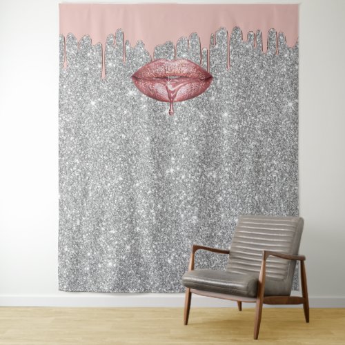 Rose Gold Dripping Lips Silver Glitter Backdrops