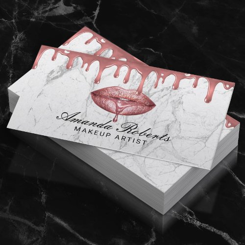 Rose Gold Dripping Lips White Marble Makeup Artist Business Card