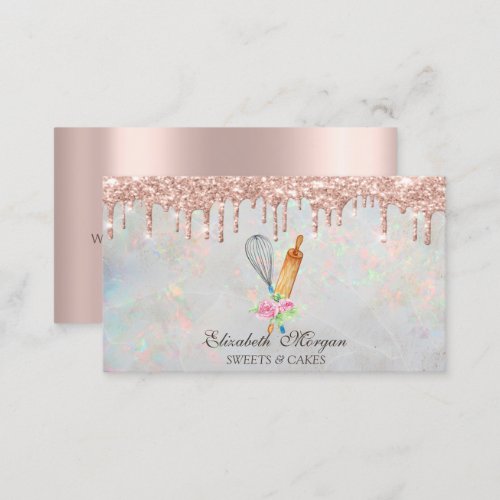  Rose Gold Drips Bakery Opal Holographic Business Card