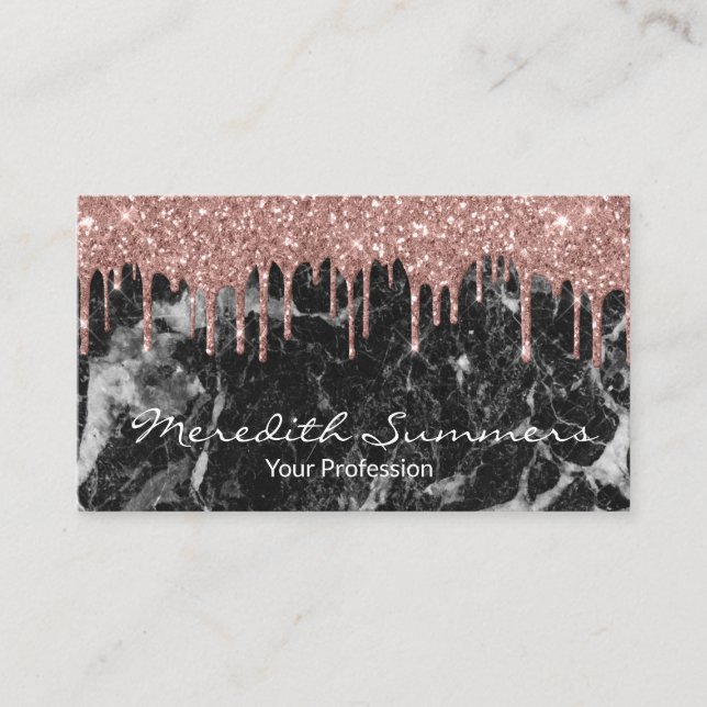 Rose Gold Drips Black Marble Customize Glitter Business Card (Front)