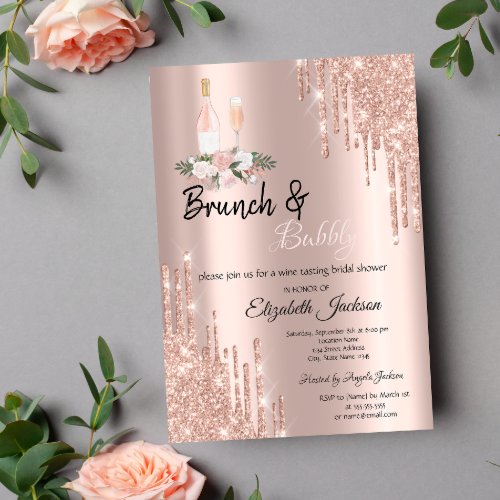Rose Gold  Drips Brunch  Bubbly Bridal Shower Invitation