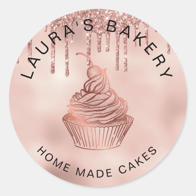 Rose Gold Drips Cakes & Sweets Cupcake Home Bakery Classic Round Sticker (Front)
