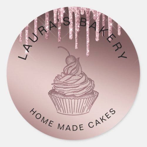 Rose Gold Drips Cakes  Sweets Cupcake Home Bakery Classic Round Sticker