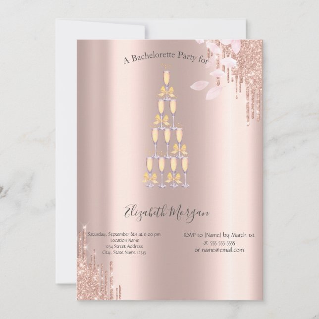 Rose Gold Drips Champagne Glass Bachelorette   Invitation (Front)