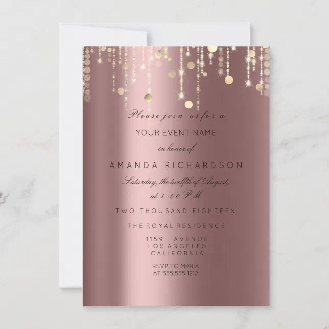 Rose Gold Drips Confetti Bridal Birthday Invitation | Zazzle