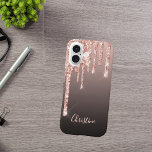 Rose gold drips copper ombre name girly iPhone 16 case<br><div class="desc">An elegant,  girly and glam phone case. Rose gold,  copper drips,  paint drip.  Black,  brown ombre background. Insert your name,  written with a modern hand lettered style script. Rose gold colored letters.</div>
