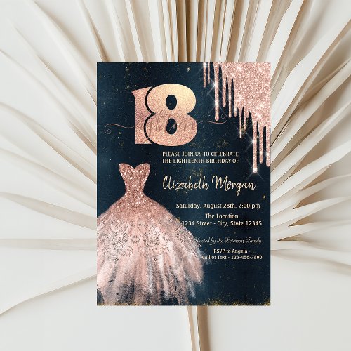 Rose Gold Drips DressDark Blue 18th Birthday  Invitation