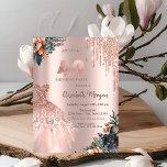 Rose Gold Drips Dress Moody Flowers 40th Birthday Invitation<br><div class="desc">Elegant rose gold glitter drips,  dark moody flowers and elegant dress on a rose gold background. Beautiful invitation that can be customized with your name. Select the "customize" button to change the font style,  color,  and size.</div>