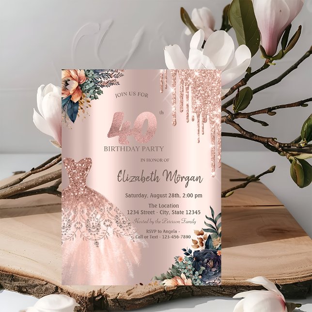 Rose Gold Drips Dress Moody Flowers 40th Birthday Invitation (Creator Uploaded)