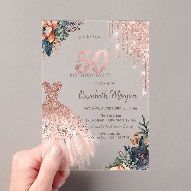 Rose Gold Drips Dress Moody Flowers 50th Birthday Acrylic Invitations (Insitu (Handheld))