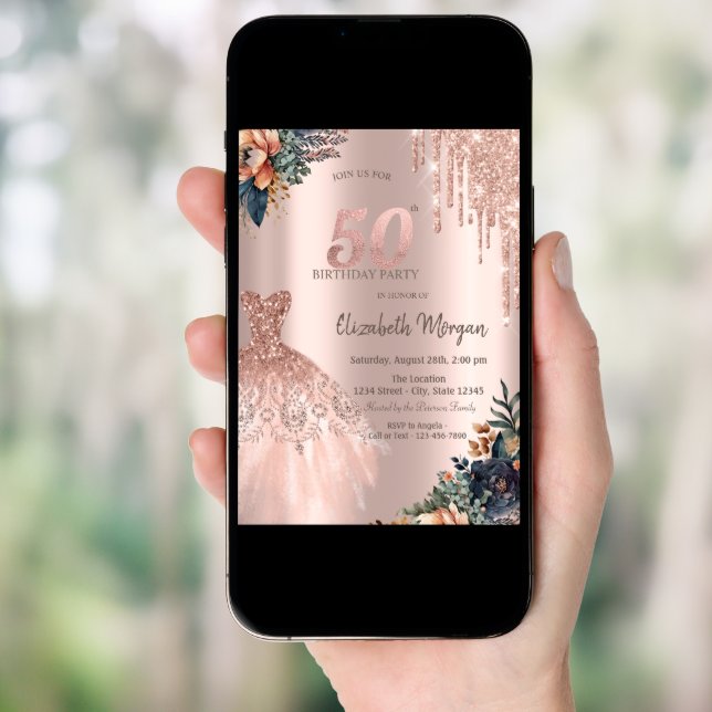 Rose Gold Drips Dress Moody Flowers 50th Birthday Invitation (Front Digital)