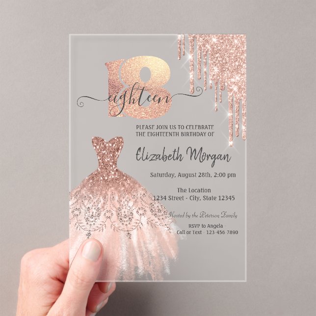 Rose Gold  Drips Dress Silver 18th Birthday  Acrylic Invitations (Insitu (Handheld))