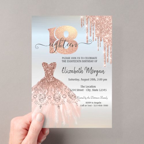Rose Gold  Drips Dress Silver 18th Birthday  Acrylic Invitations