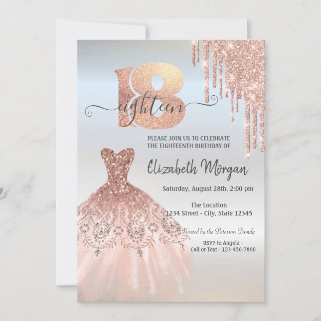 Rose Gold Drips Dress Silver 18th Birthday Invitation