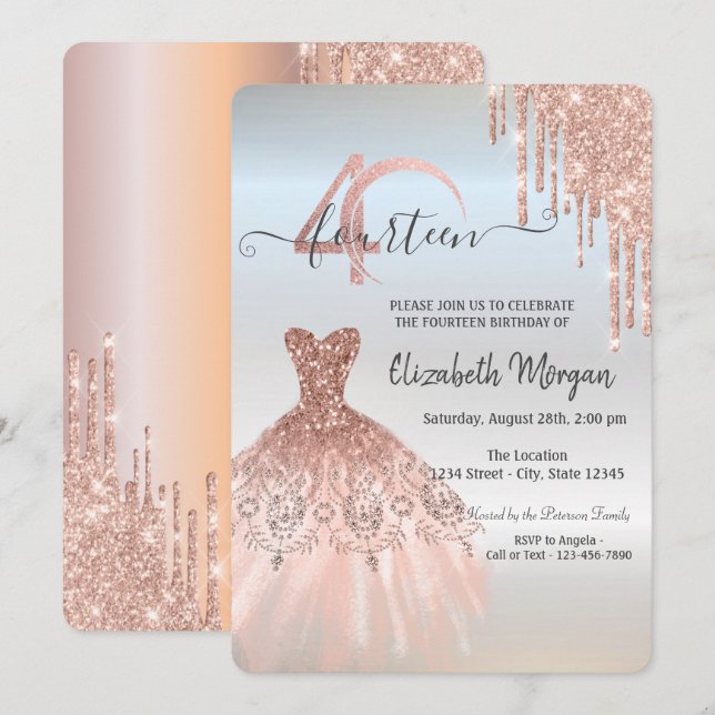 Rose Gold  Drips Dress Silver 40th Birthday   Invitation (Front/Back)