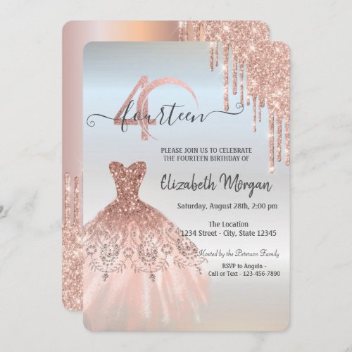 Rose Gold  Drips Dress Silver 40th Birthday   Invitation