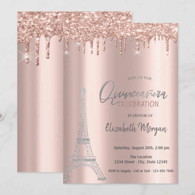 Rose Gold Drips, Eiffel Tower Quinceanera Invitati Invitation (Front/Back)
