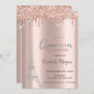 Rose Gold Drips, Eiffel Tower Quinceanera Invitati Invitation