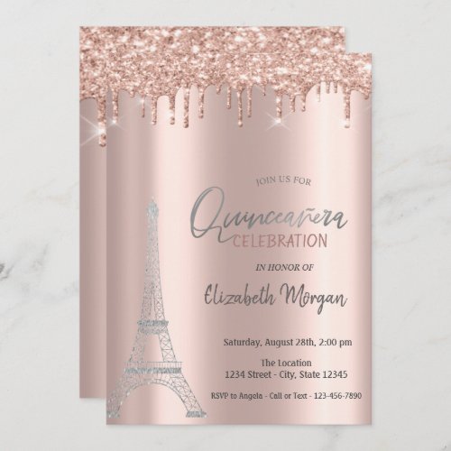 Rose Gold Drips Eiffel Tower Quinceanera Invitati Invitation