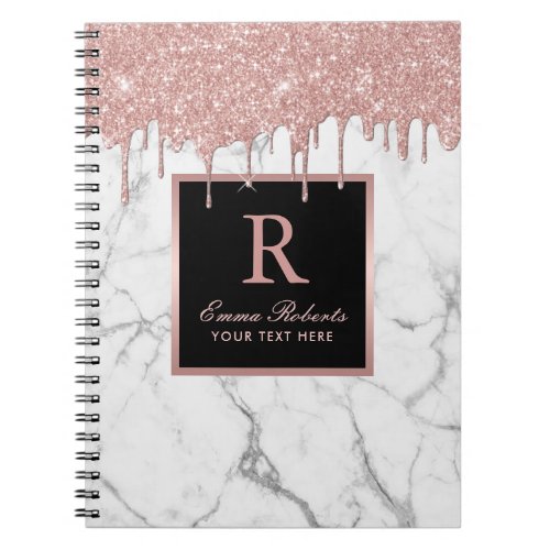 Rose Gold Drips Elegant White Marble Monogram Notebook
