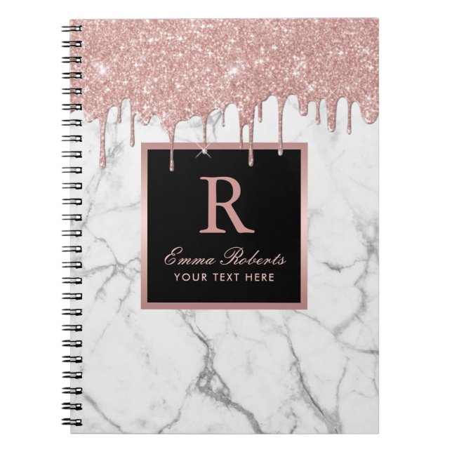 Rose Gold Drips Elegant White Marble Monogram Notebook (Front)