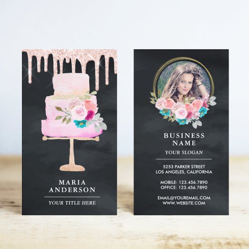 Rose Gold Drips Floral Cake Pastry Chef Bakery Business Card