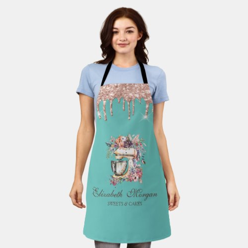 Rose Gold Drips Floral Mixer Mint Green Apron