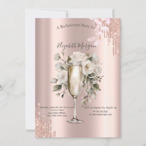 Rose Gold Drips Floral Wine Glass Bachelorette  Invitation