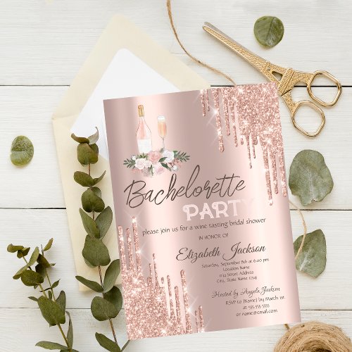 Rose Gold Drips Flowers Bachelorette Party  Invitation