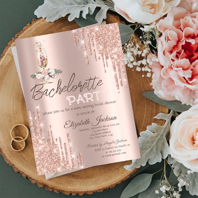 Rose Gold Drips Flowers,Glass Bachelorette Party Invitation (Creator Uploaded)