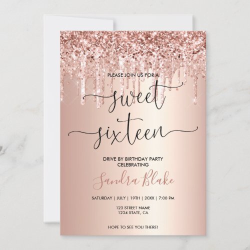 Rose Gold  Drips Girly Modern Drive by Sweet 16 Invitation