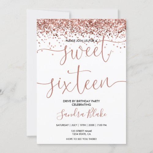 Rose Gold  Drips Girly Modern Drive by Sweet 16 Invitation