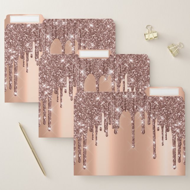 Rose Gold Drips Glitter Beauty Brown Copper File Folder (Set)