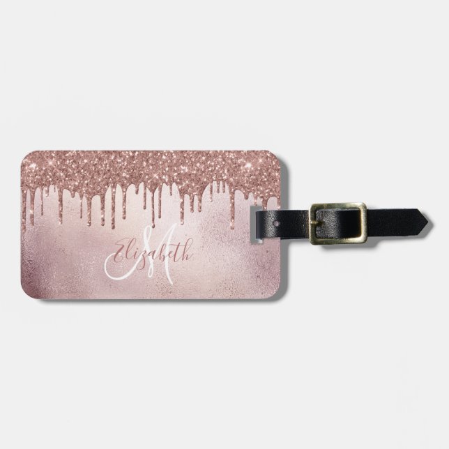 Rose Gold Drips  Glitter Monogram Luggage Luggage Tag (Front Horizontal)