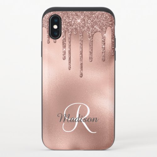 Rose Gold Drips Glitter Monogram Personalized iPhone X Slider Case