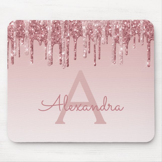 Rose Gold Drips Glitter Monogram Pink Mousepad (Front)