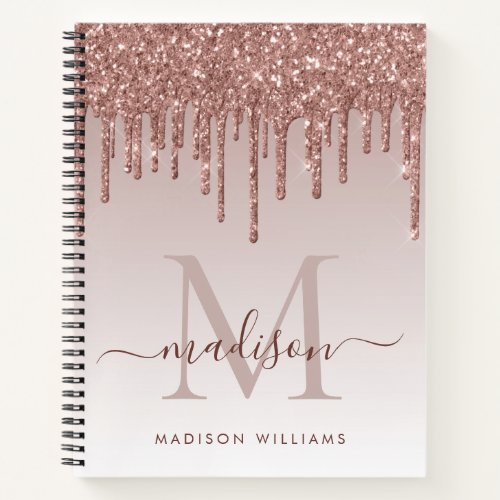 Rose Gold Drips Glitter Sparkle Monogram Script Notebook