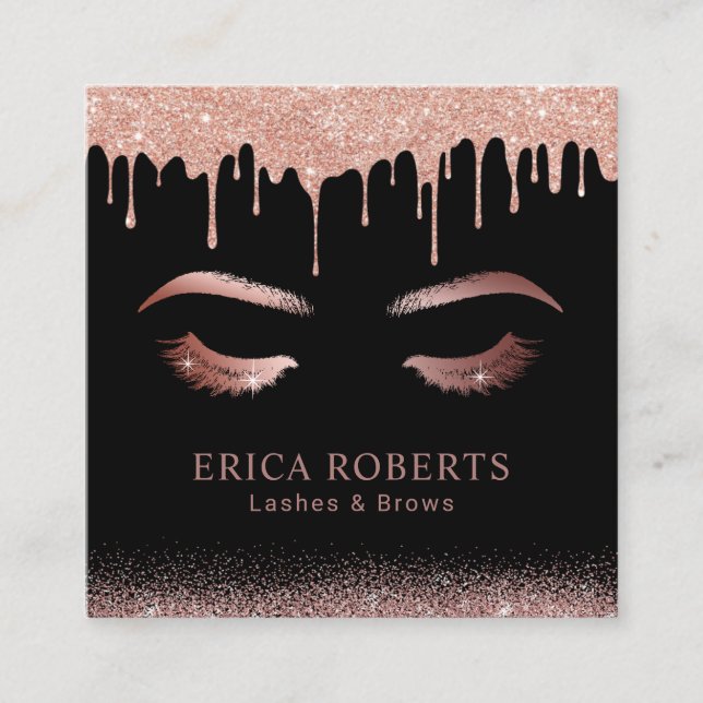 Rose Gold Drips Lashes & Brows Makeup Artist Square Business Card (Front)