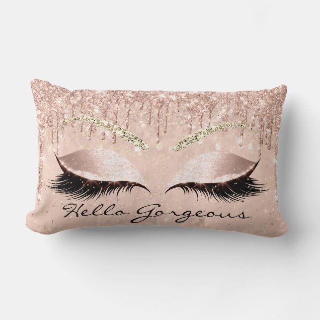 Rose Gold Drips Makeup Lashes Hello Gorgeous Brown Lumbar Pillow (Front)