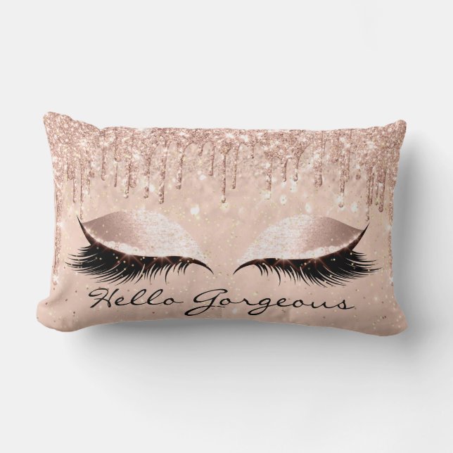 Rose Gold Drips Makeup Lashes Hello Gorgeous Spark Lumbar Pillow (Front)